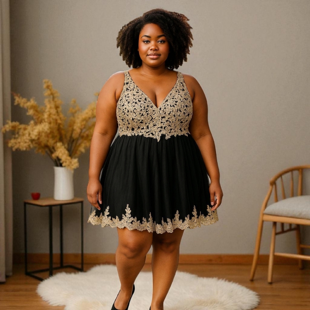 Elegant Black and Gold Lace Prom Dress